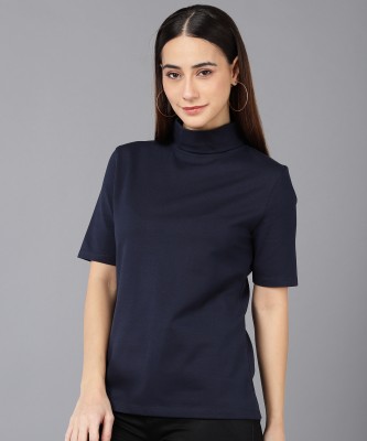 METRONAUT Solid Women Turtle Neck Navy Blue T-Shirt