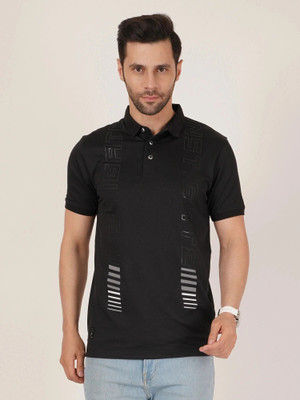 DAVNO Graphic Print Men Polo Neck Black T-Shirt