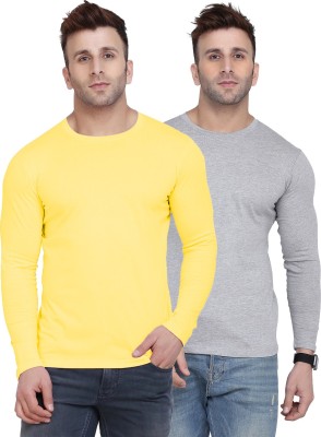 Kroptee Solid Men Round Neck Yellow, Grey T-Shirt