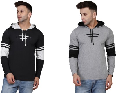 HIGHLANCETSHIRT Striped Men Hooded Neck Black, Grey T-Shirt