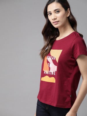 Roadster Printed Women Round Neck Maroon T-Shirt