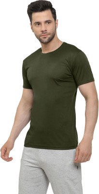 MISSILLE Solid Men Round Neck Dark Green T-Shirt