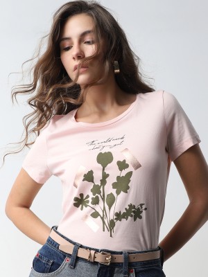 VERO MODA Printed, Typography Women Round Neck Pink T-Shirt