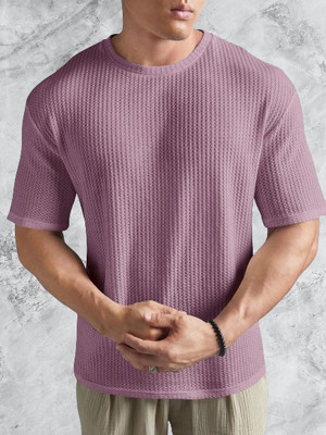 TEEMEX Self Design Men Round Neck Pink T-Shirt