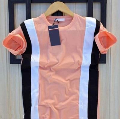 Vimsan Creation Striped Men Round Neck Pink, Grey T-Shirt
