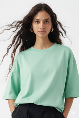 tooidde Solid Women Round Neck Light Green T-Shirt