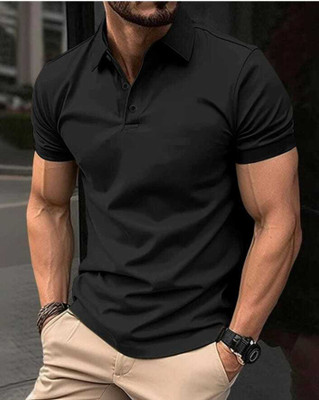 solid villa Solid Men Polo Neck Black T-Shirt