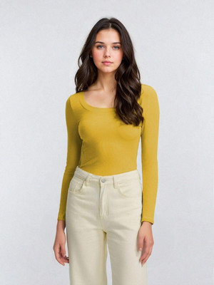KOTTY Solid Women Scoop Neck Yellow T-Shirt