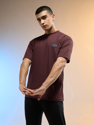 TECHNOSPORT Solid Men Crew Neck Maroon T-Shirt