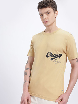 Glitchez Printed Men Round Neck Beige T-Shirt
