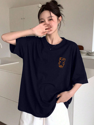 JUST ROAR Printed Women Round Neck Navy Blue T-Shirt