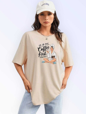Stylicity Printed Women Round Neck Beige T-Shirt