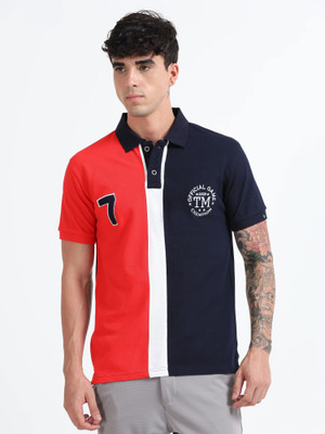 Texman Printed Men Polo Neck Red, Navy Blue T-Shirt