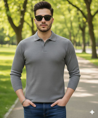 Rufica Solid Men Polo Neck Grey T-Shirt