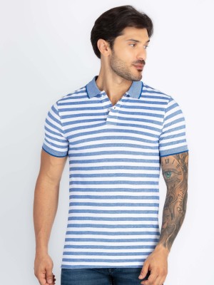 Status Quo Striped Men Polo Neck Blue T-Shirt