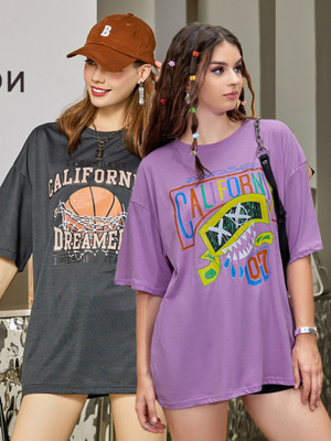 SYDNEY HILLS Graphic Print Women Round Neck Purple, Grey T-Shirt