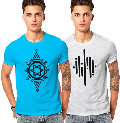 FADMARK Printed Men Round Neck Blue, Grey T-Shirt