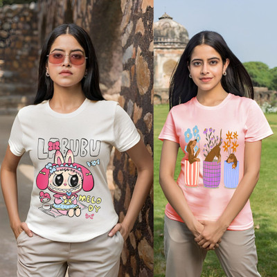 Kasendra Printed Women Round Neck White, Pink T-Shirt