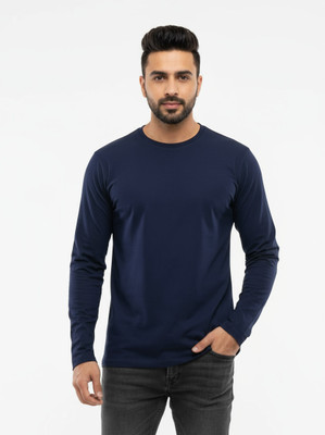 Estixx Solid Men Round Neck Navy Blue T-Shirt