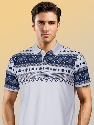 SINDHIGARMENT Printed Men Polo Neck White T-Shirt