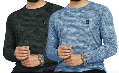 AVOLT Printed Men Round Neck Dark Green, Light Blue T-Shirt