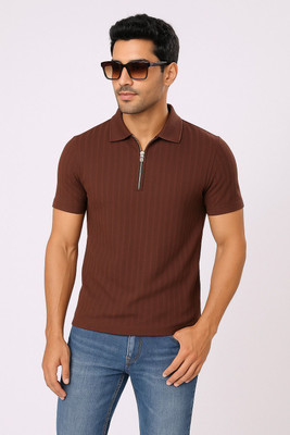TQH Solid Men Polo Neck Brown T-Shirt