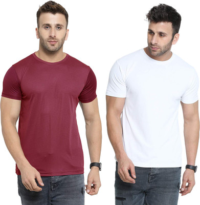 Renowned Solid Men Round Neck Maroon, White T-Shirt