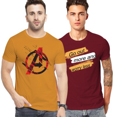 FADMARK Printed Men Round Neck Yellow, Maroon T-Shirt