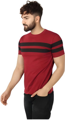 Neel Fashion Striped Men Round Neck Maroon T-Shirt