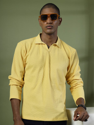 RIGO Self Design Men Polo Neck Yellow T-Shirt