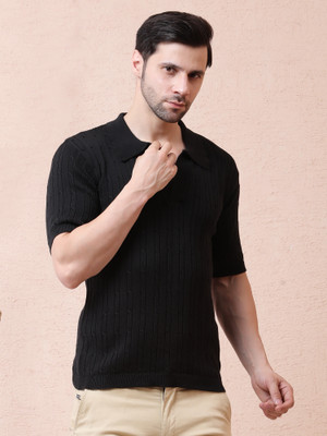NOQUO Striped, Self Design Men Polo Neck Black T-Shirt