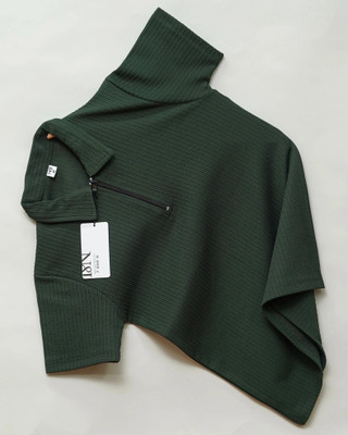 N AND J Self Design Men Zip Neck Green T-Shirt