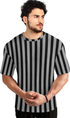 FIRST POSTION Striped Men Round Neck Grey T-Shirt