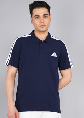 ADIDAS Striped Men Polo Neck Blue T-Shirt