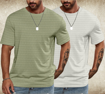 PRAIZY Striped Men Round Neck Light Green, White T-Shirt