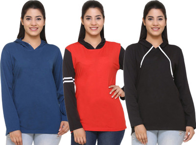 SHAUN Solid Women Hooded Neck Multicolor T-Shirt