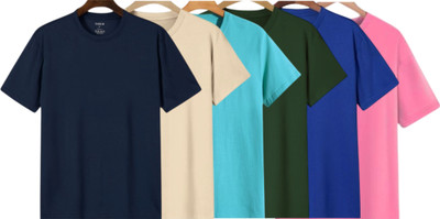 P collection Solid Men Round Neck Navy Blue, Beige, Light Blue, Green, Dark Blue, Pink T-Shirt