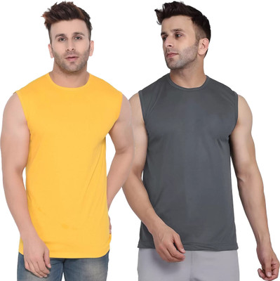 Moordale Fab Solid Men Round Neck Yellow, Grey T-Shirt