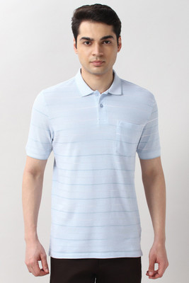 PETER ENGLAND Striped Men Polo Neck Light Blue T-Shirt