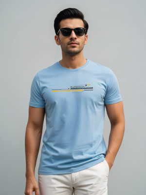 ADRO Printed Men Round Neck Light Blue T-Shirt