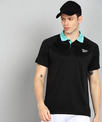 REEBOK Printed Men Polo Neck Black T Shirt Price History
