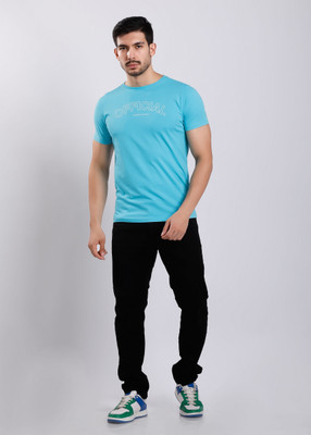 HIGHTRIBE Printed Men Polo Neck Light Blue T-Shirt