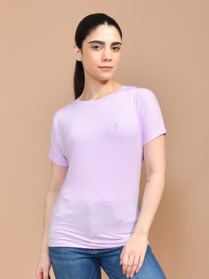 SKYKNIT Solid Women Round Neck Purple T-Shirt