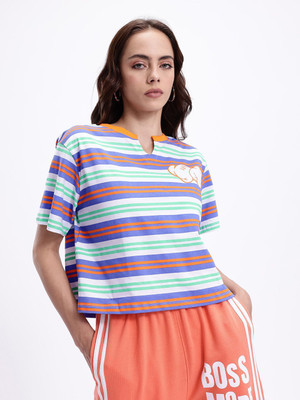 Kook N Keech Striped Women Round Neck White T-Shirt