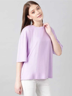 HouseOfCommon Solid Women Round Neck Purple T-Shirt