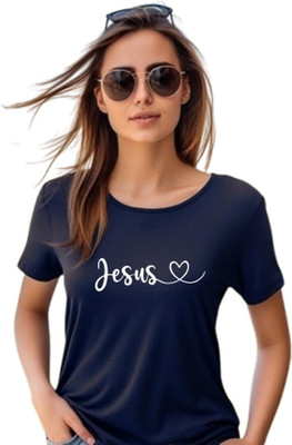 Witty Curlss Printed Women Round Neck Navy Blue T-Shirt