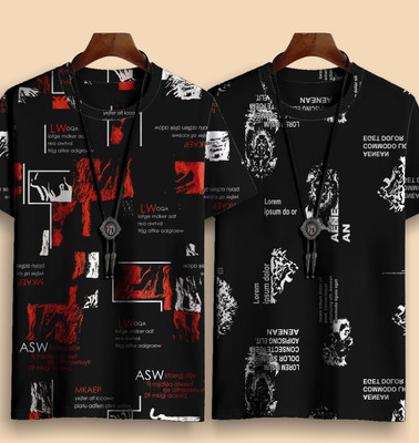 TIGERSNAKE Printed Men Round Neck Black, Red T-Shirt