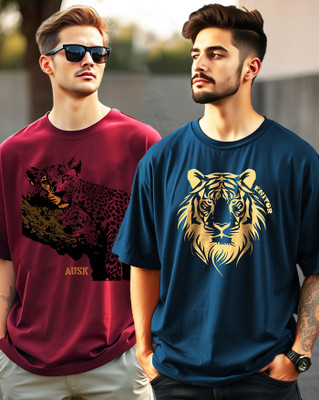 AUSK Animal Print Men Round Neck Dark Blue, Maroon T-Shirt