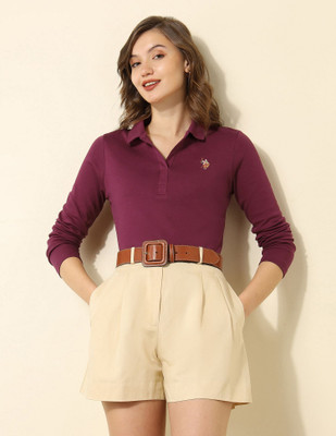 U.S. POLO ASSN. Solid Women Polo Neck Purple T-Shirt