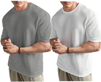At Last Fashion Self Design Men Round Neck White, Grey T-Shirt